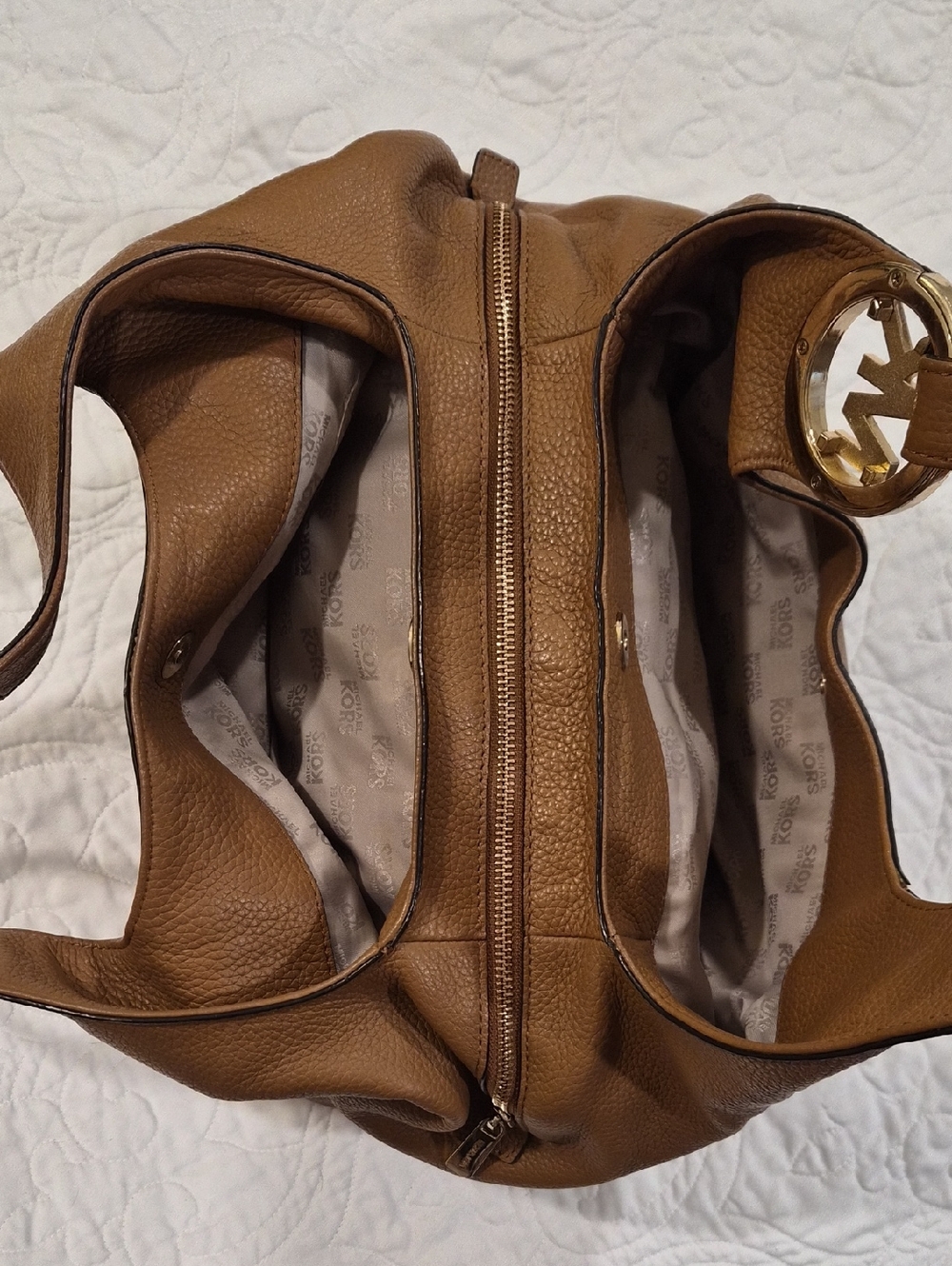 Michael Kors Tan Leather Hobo Bag with Gold MK Accent - Picture 3 of 13
